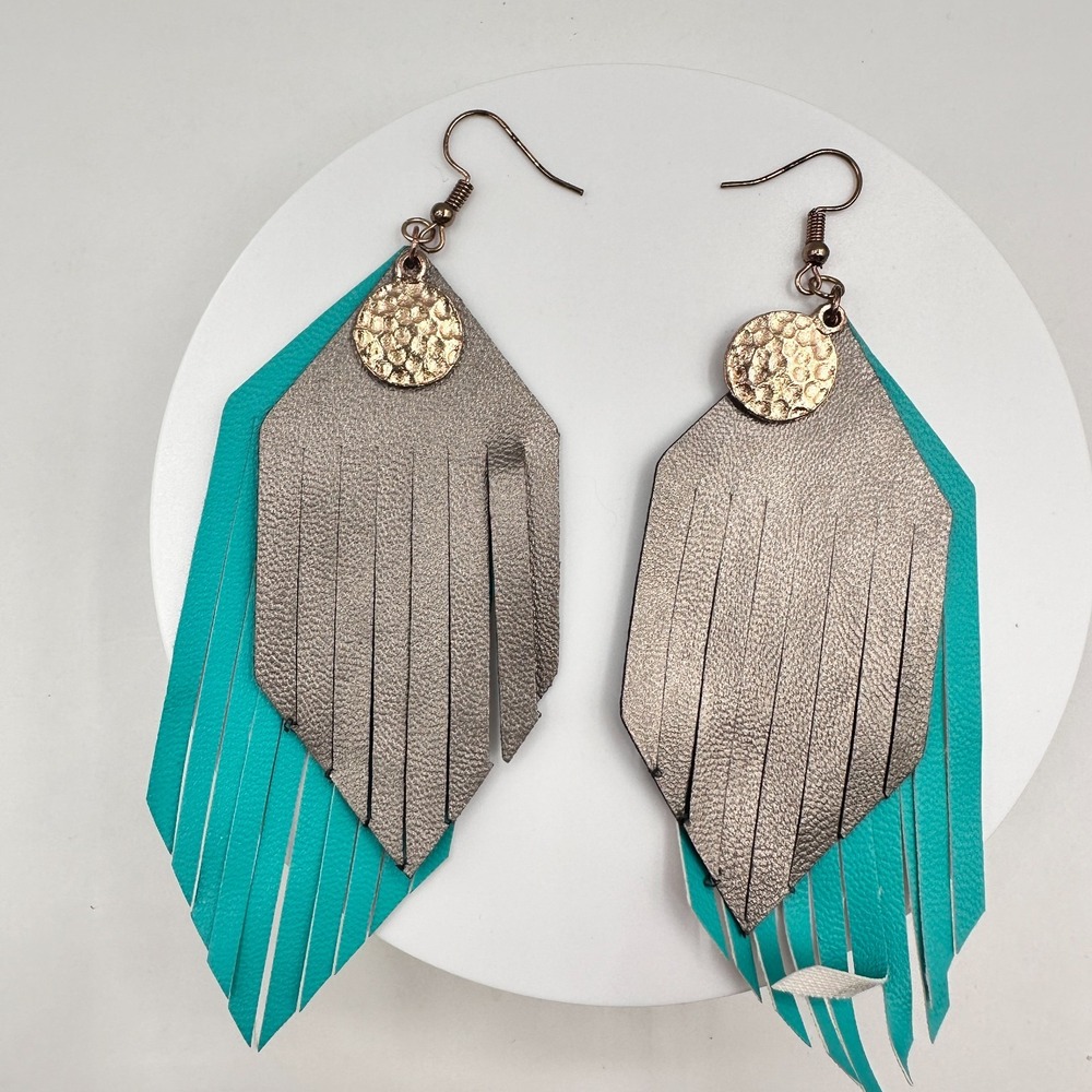 Vintage 90s Faux Leather Fringe Earrings Teal & Gold Tone Hammered